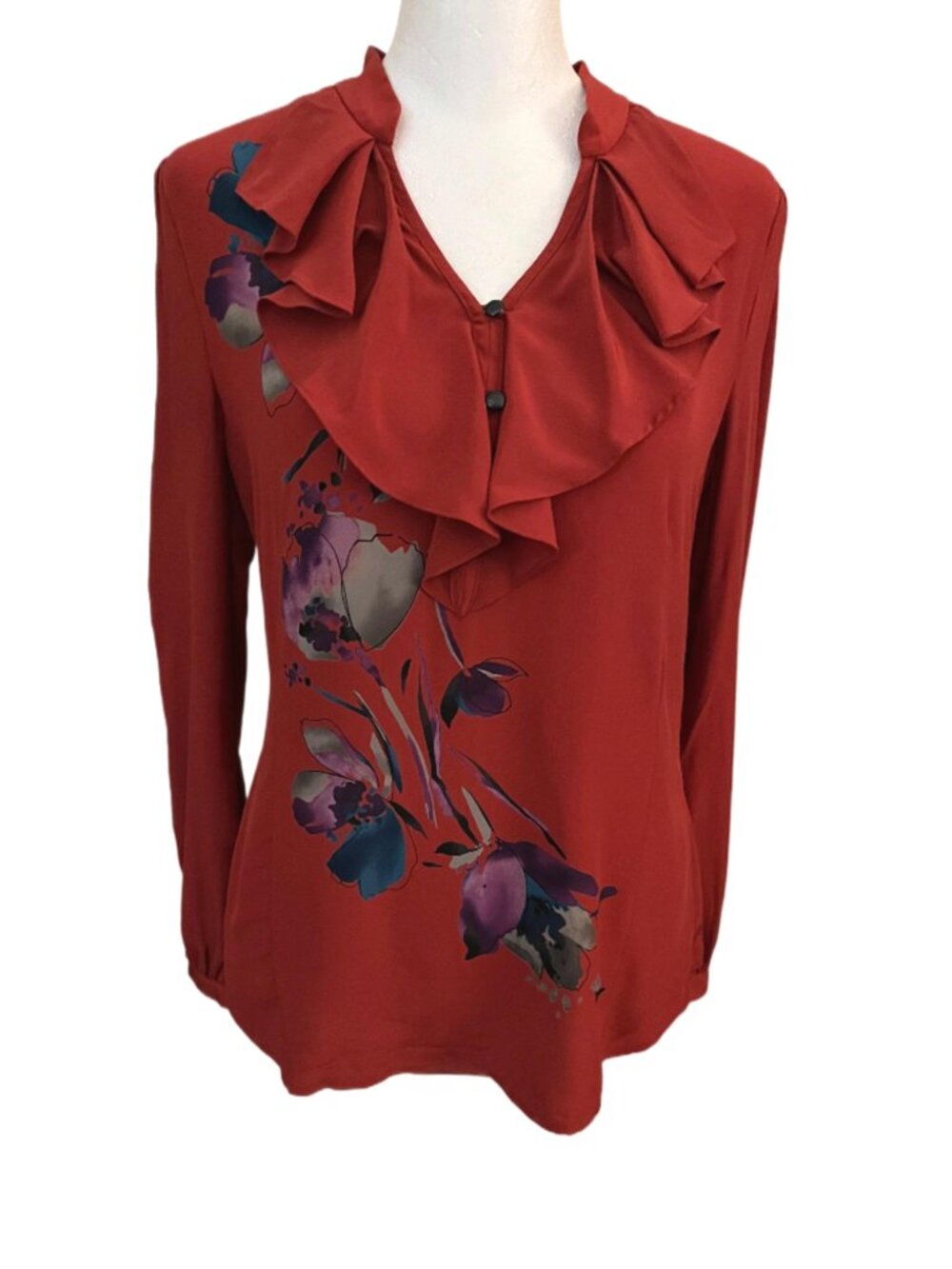 Classiques Entier Red Long Sleeve Ruffled 100% Silk Floral Blouse Size X Small